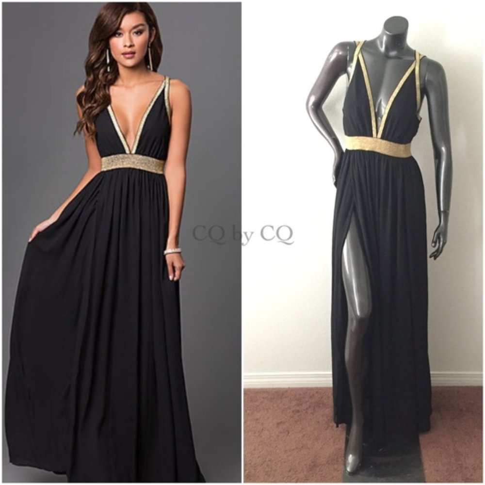 CQ by CQ Black and Gold Long Formal Dress Thigh High Cut Small